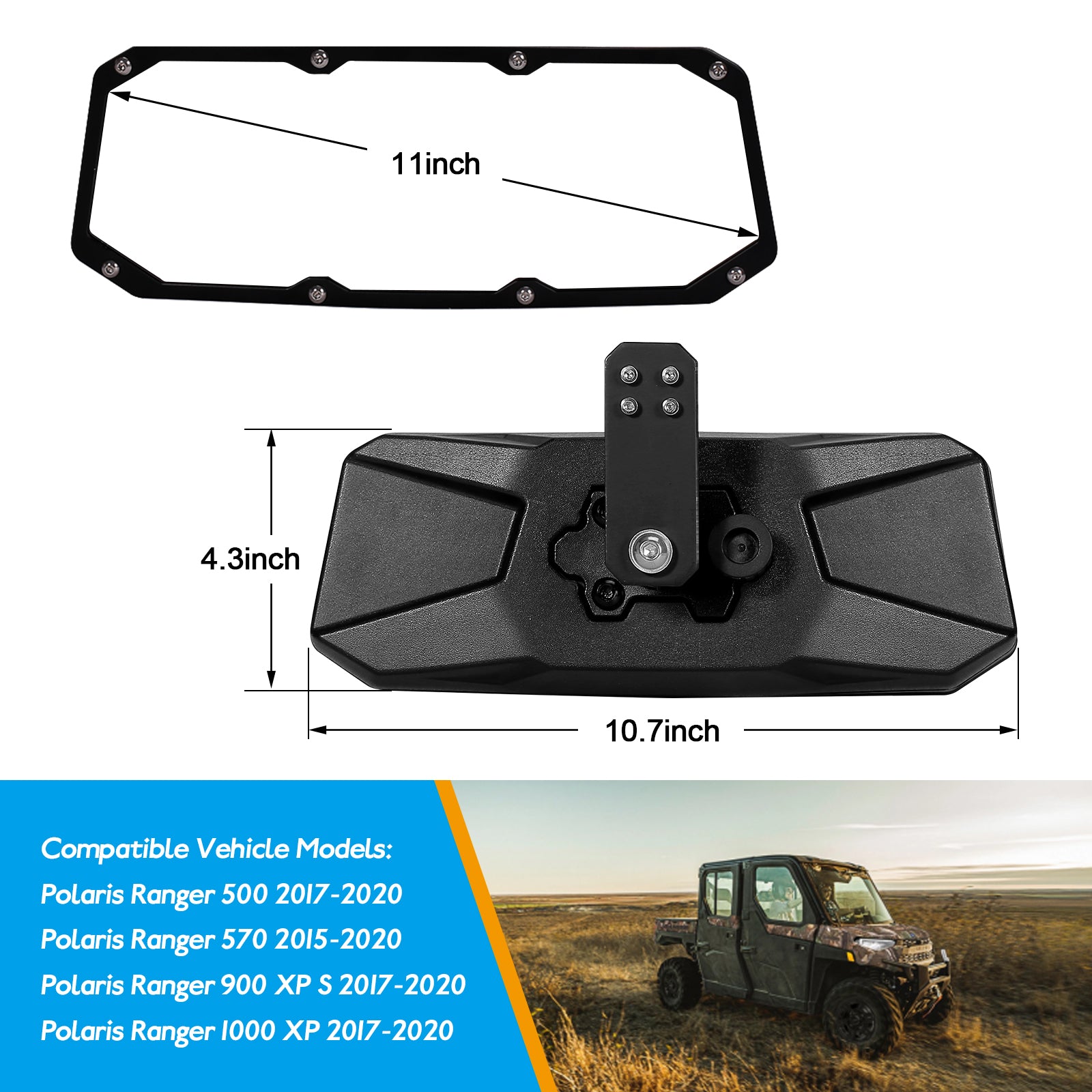 Rétroviseur Central WSays Pour Polaris Ranger - Compatible Ranger 500 570 900 1000 XP 2017-2025 - Vitre Trempé Incassable - Design Breack-away